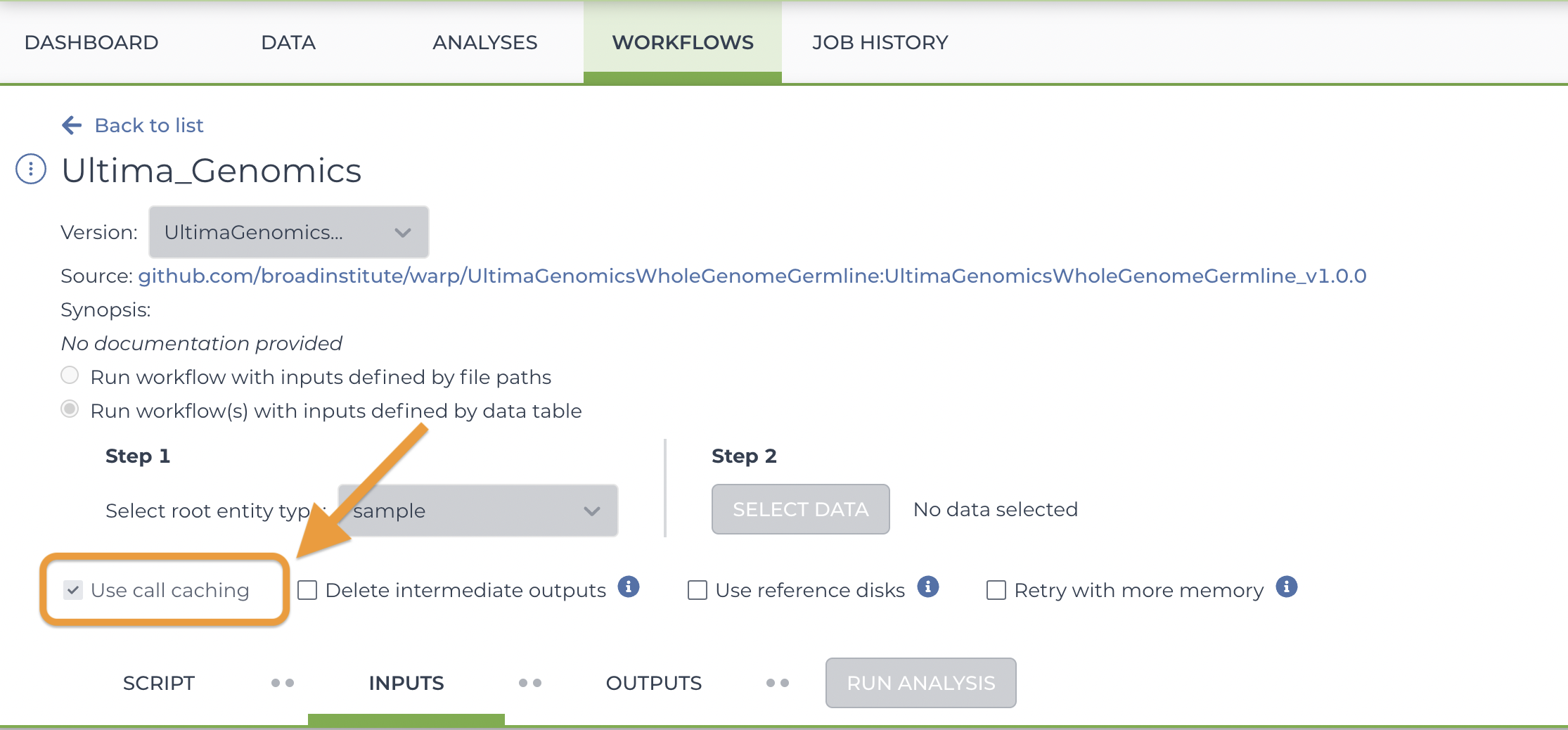 Screenshot of a workflows configuration page with an arrow pointing to the Use Call Caching option, which is clicked by default. The option is directly below choosing the root entity type and choosing the data steps 1 and 2 in the configuration form
